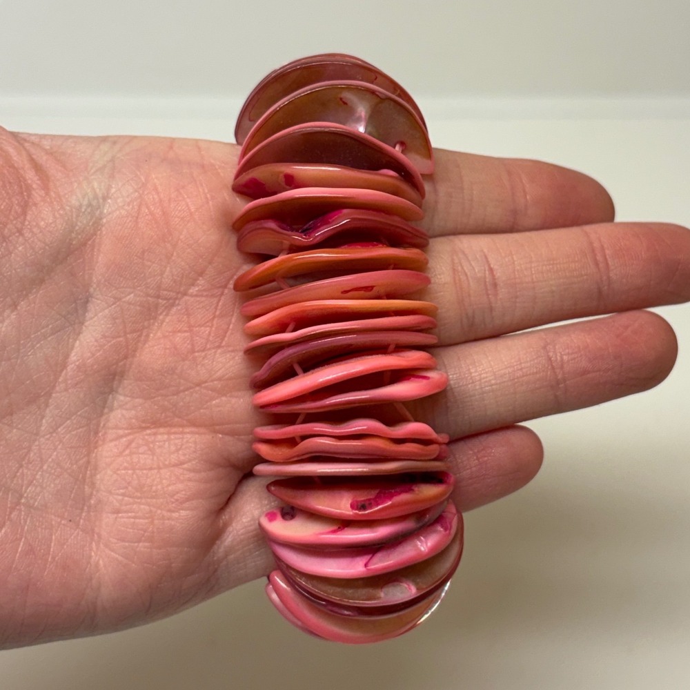 Pink Shell Disc Stretch Bracelet Chunky Coastal Boho Summer Jewelry